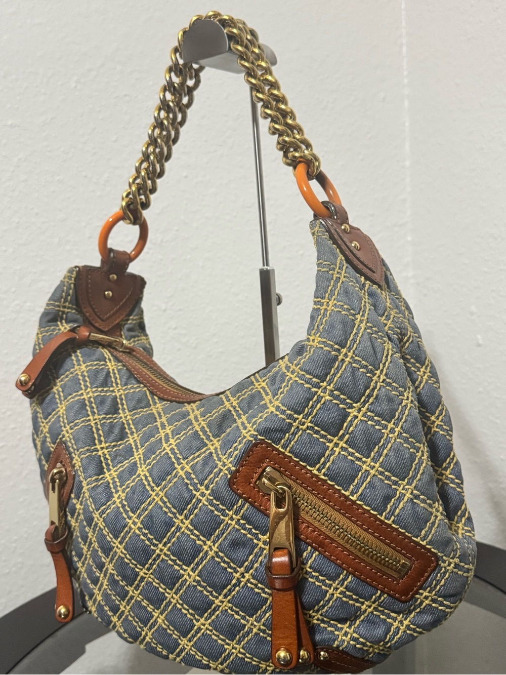 Marc Jacobs Blue Quilted Denim Hobo Bag with Brown Trim and Gold Chain